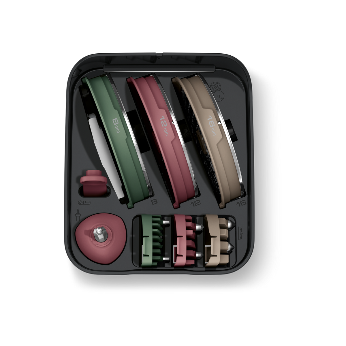 The Paradice 16 main storage case open, with the discs and blades in their slots, official view