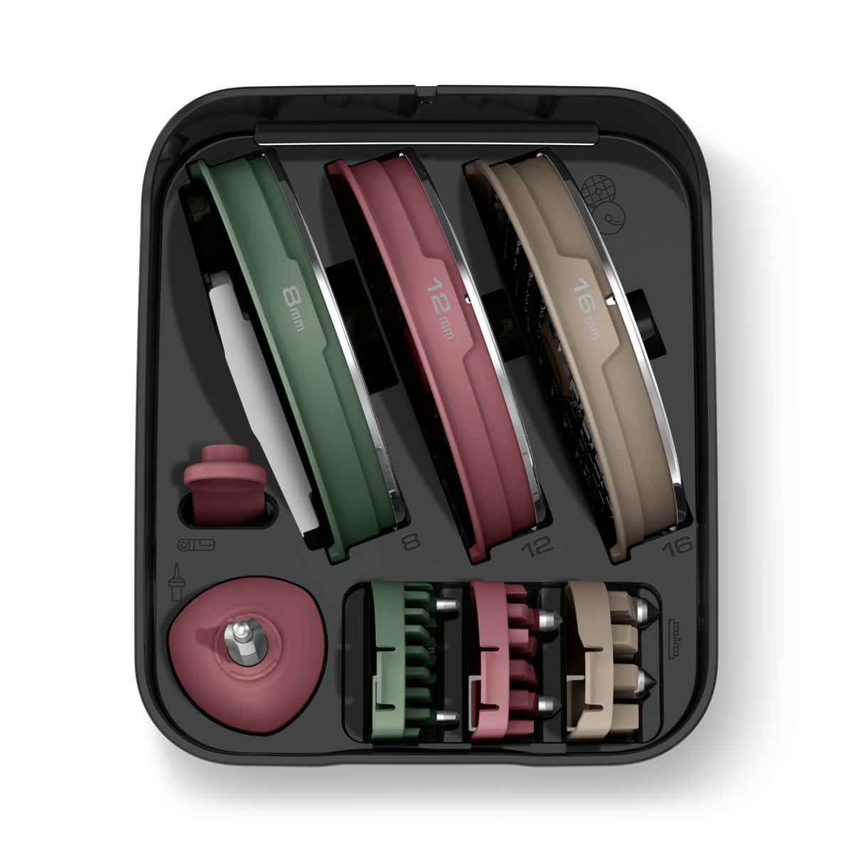 The Paradice 16 main storage case open, with the discs and blades in their slots, official view