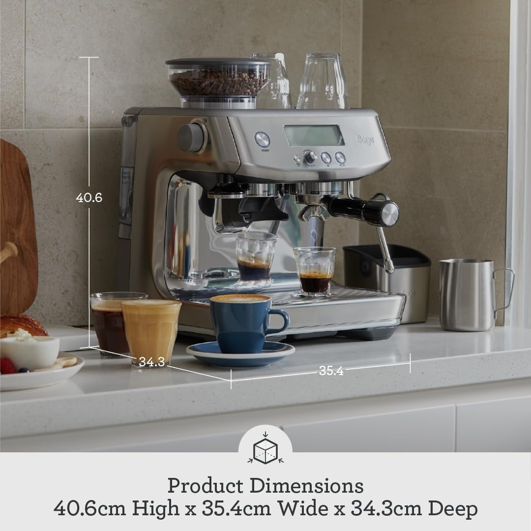 Sage the Barista Pro in brushed stainless steel with the LCD display and grinder, official photography