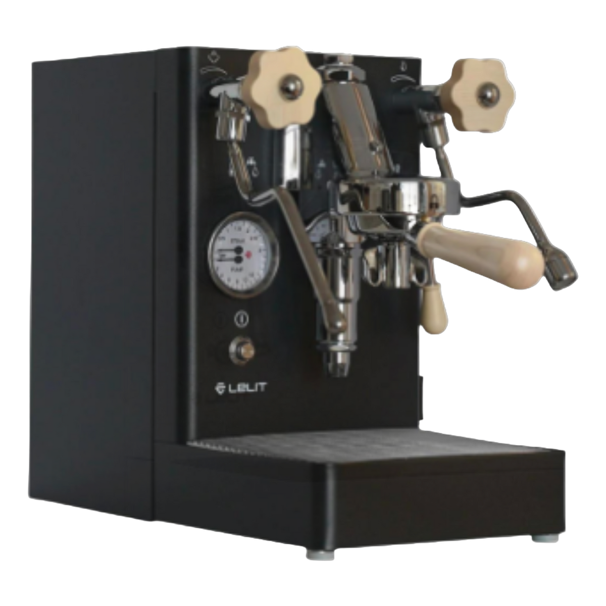 Lelit MaraX in black with maple wood knobs, front view