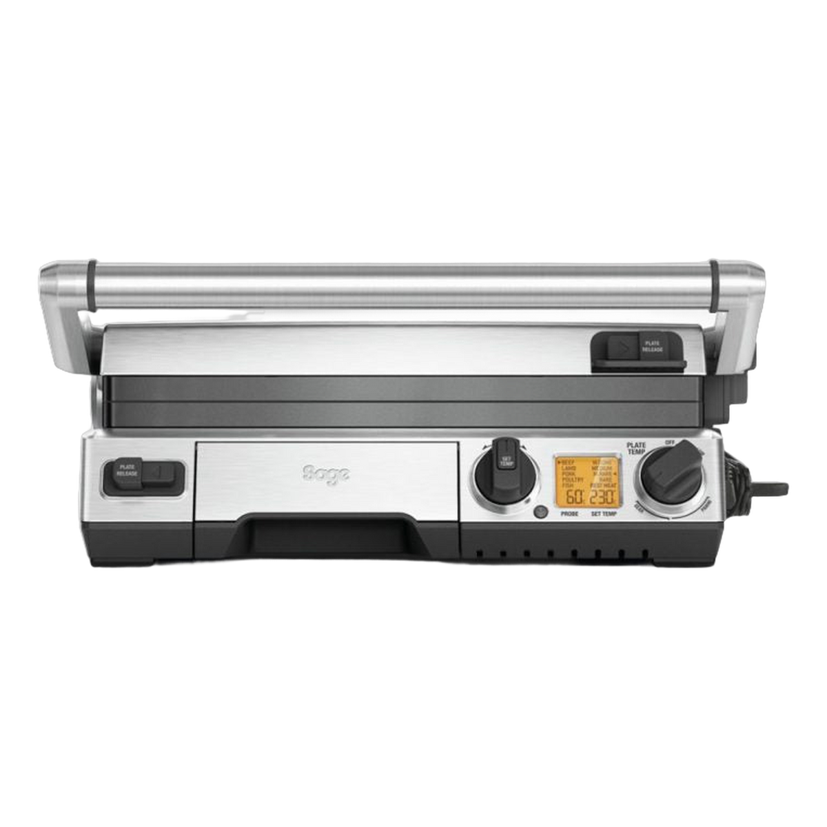 Sage the Smart Grill Pro closed, showing the LCD, temperature dial and probe port, official front view