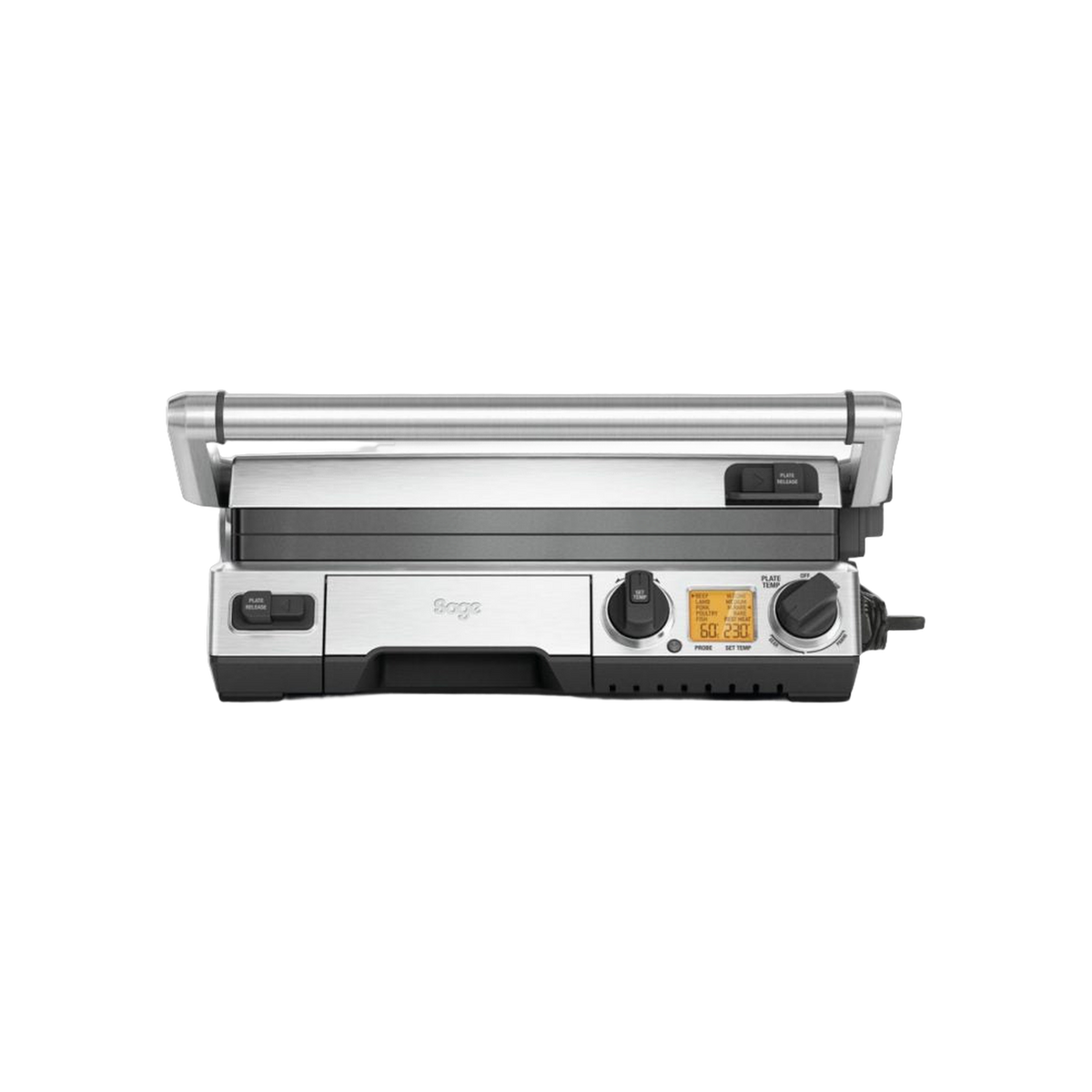 Sage the Smart Grill Pro closed, showing the LCD, temperature dial and probe port, official front view
