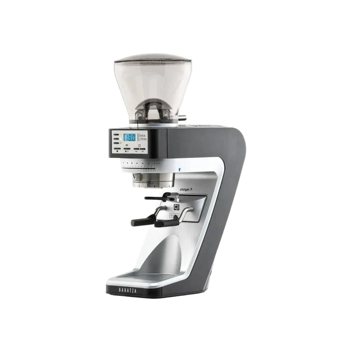 Baratza Sette 270Wi three-quarter view with a portafilter resting on the convertible device arms, official photography