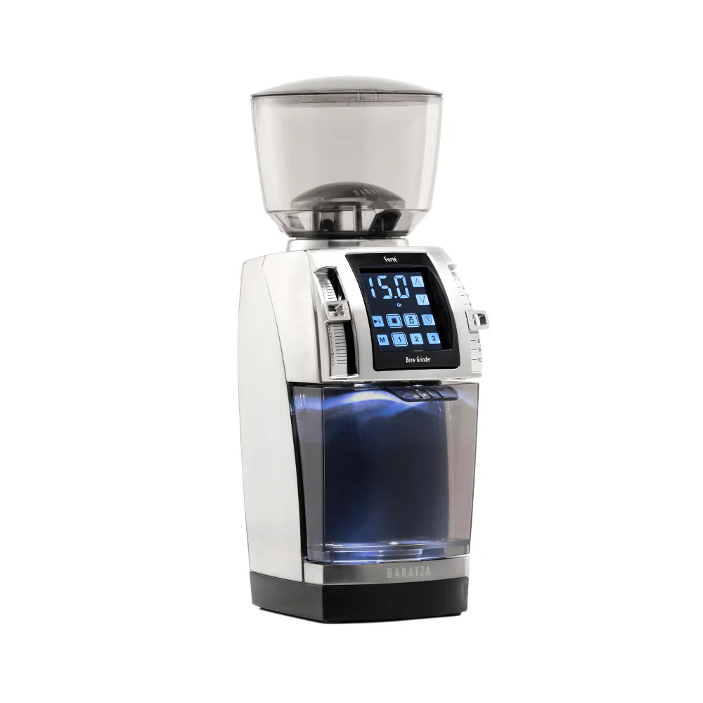 Baratza Forte BG three-quarter view with the grounds bin in place, official photography