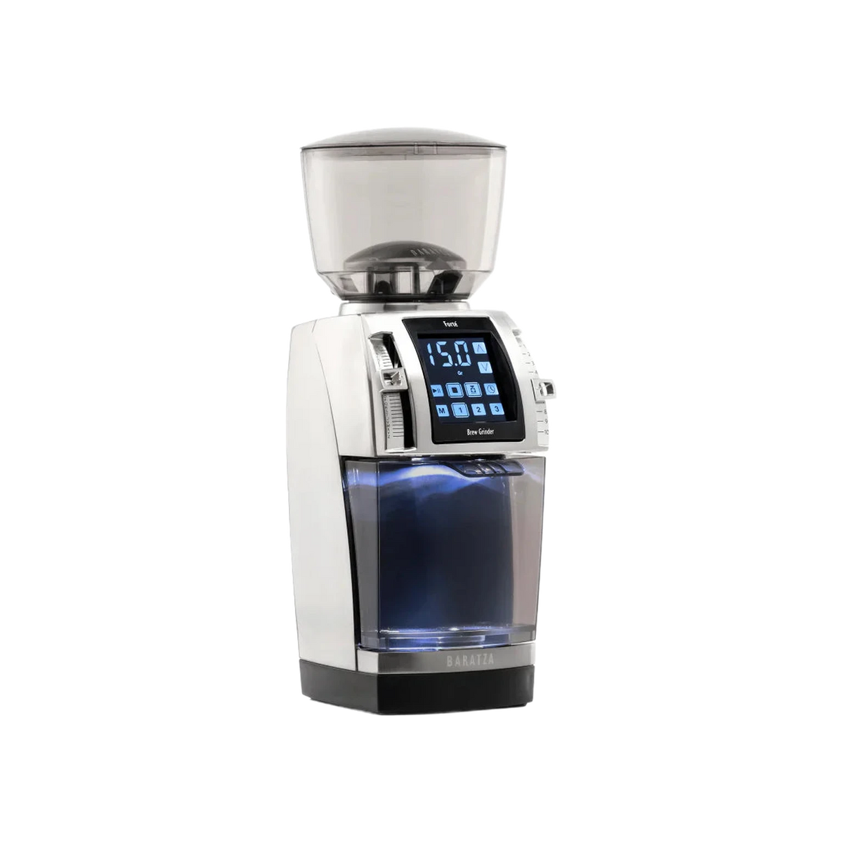 Baratza Forte BG three-quarter view with the grounds bin in place, official photography