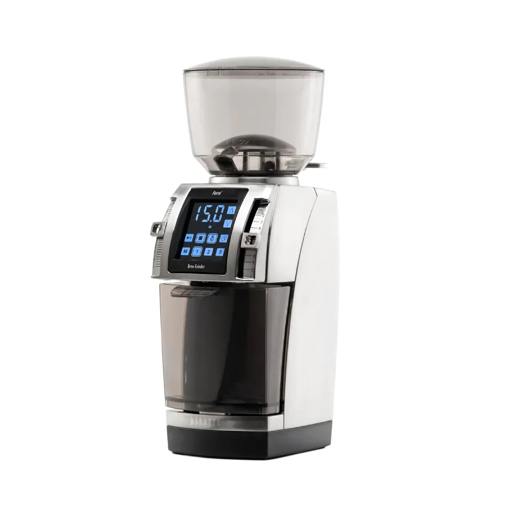 Baratza Forte BG three-quarter view with the touchscreen and macro and micro lever knobs, official photography