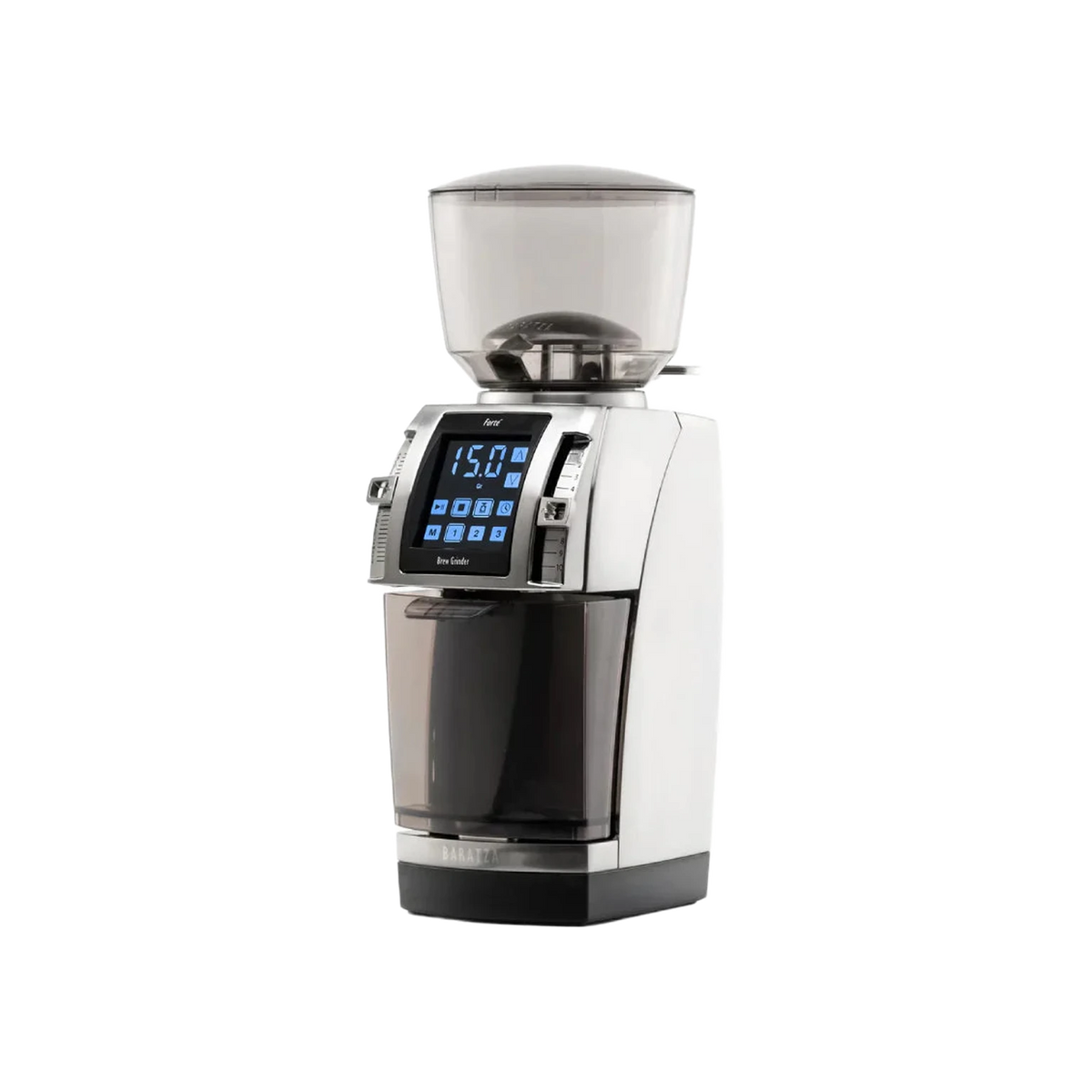 Baratza Forte BG three-quarter view with the touchscreen and macro and micro lever knobs, official photography