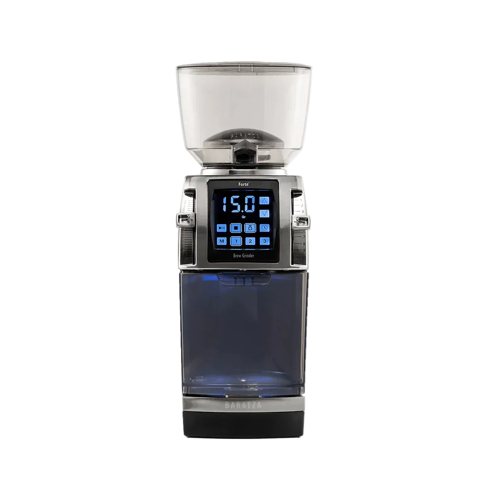 Baratza Forte BG in silver, front view with the touchscreen lit and grounds bin on the scale platform, official photography