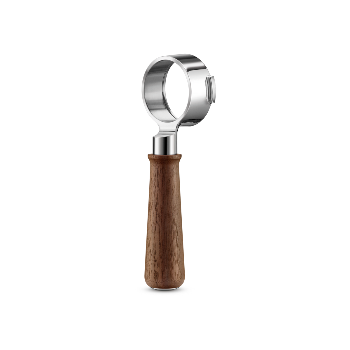 The Sage Naked Portafilter 58 mm with its walnut handle