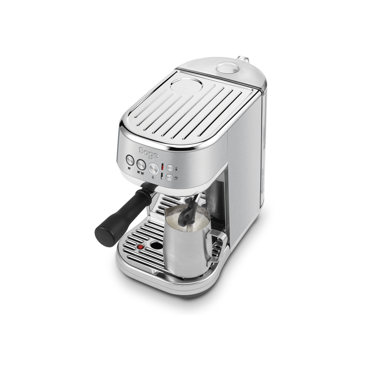 Sage the Bambino Plus 54 mm portafilter and control panel up close, official photography
