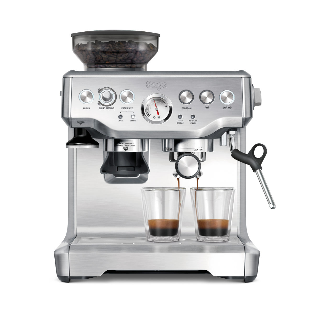 Sage the Barista Express front view with the espresso pressure gauge, grind size dial and control buttons, official photography
