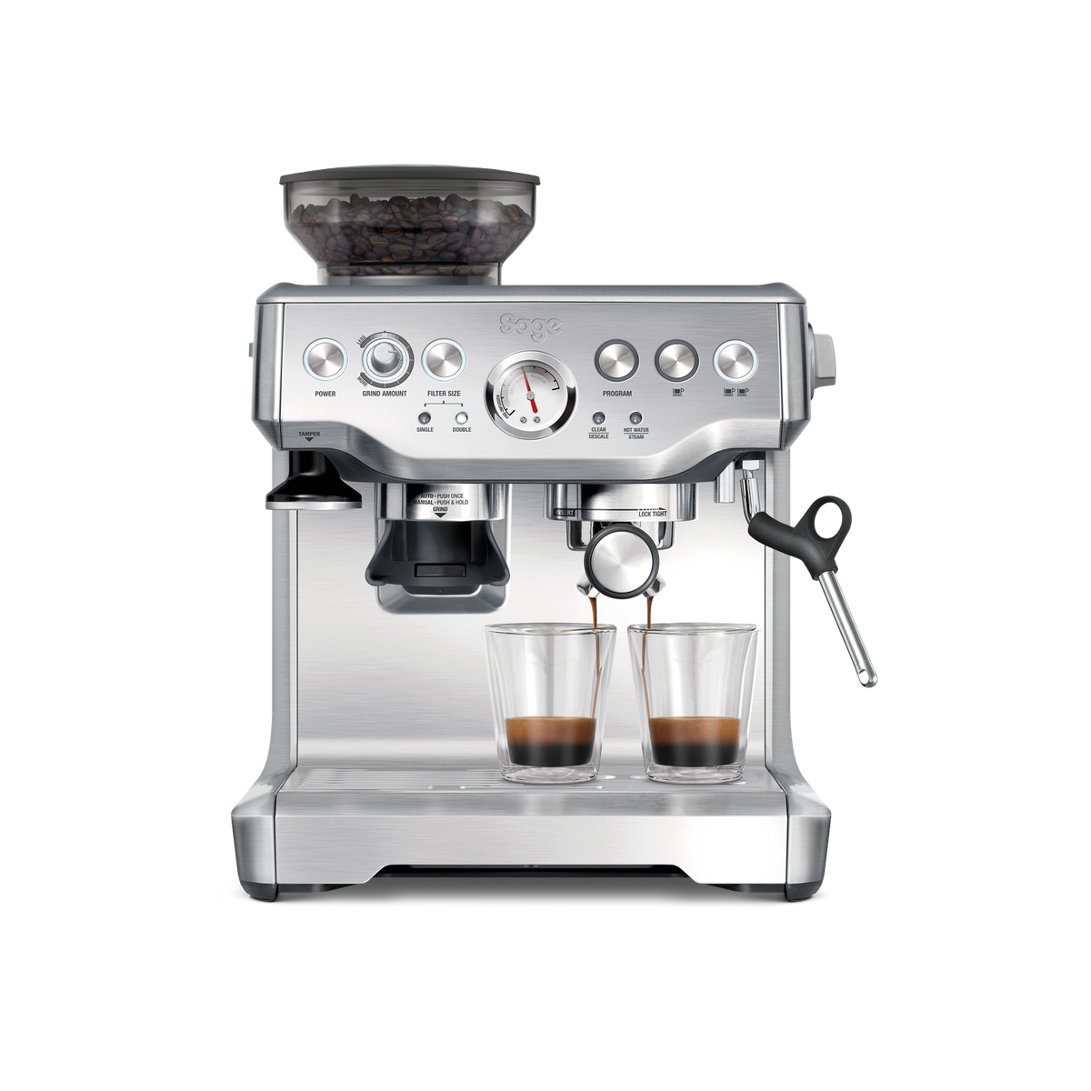 Sage the Barista Express front view with the espresso pressure gauge, grind size dial and control buttons, official photography