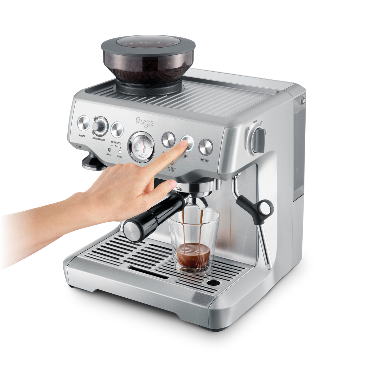 Sage the Barista Express in brushed stainless steel, official high three-quarter view showing the hopper and grinder outlet