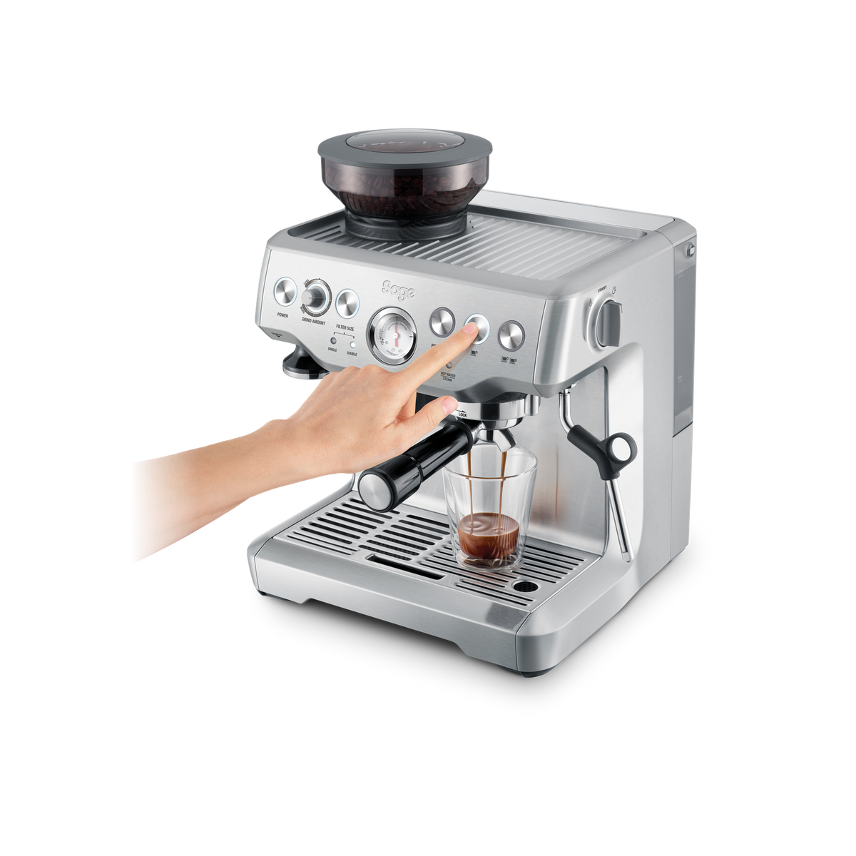 Sage the Barista Express in brushed stainless steel, official high three-quarter view showing the hopper and grinder outlet