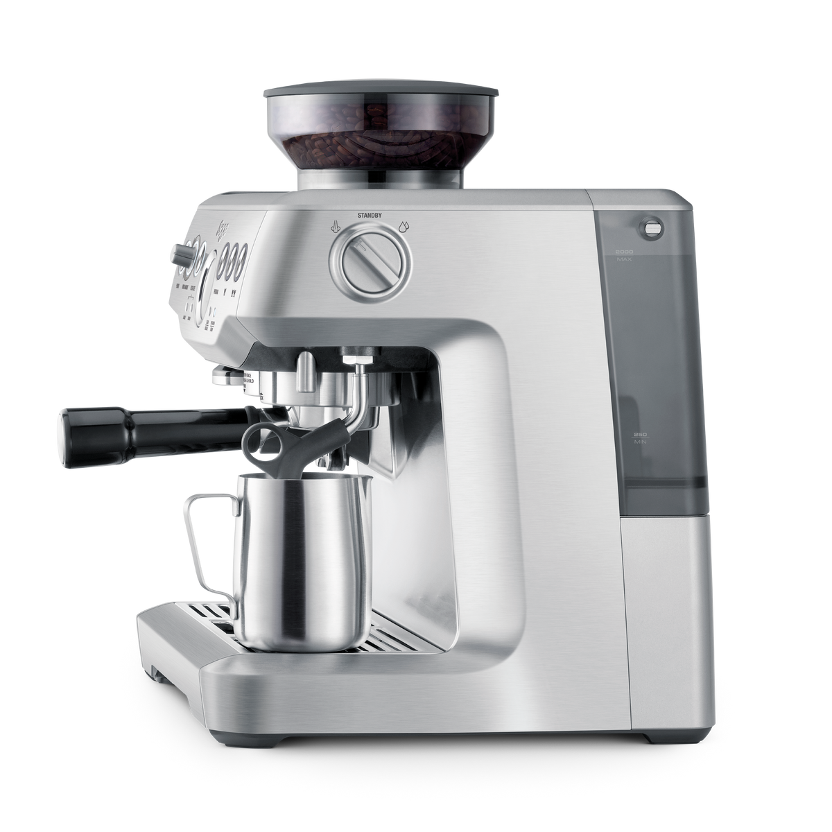 Sage the Barista Express in brushed stainless steel, official side profile with the steam wand and hot water outlet