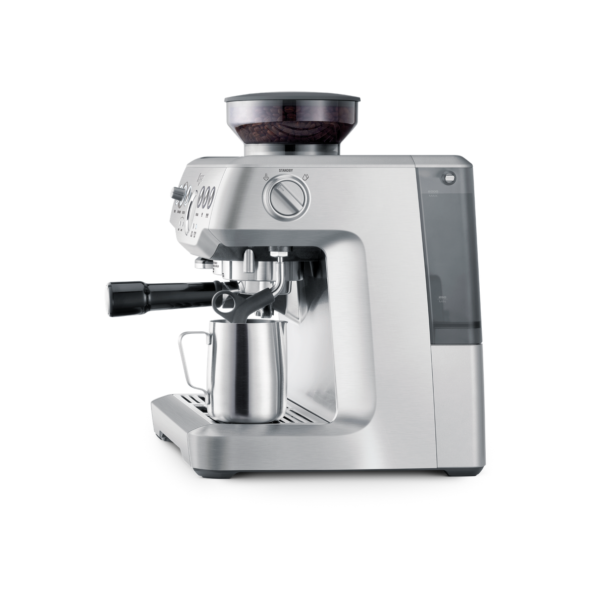 Sage the Barista Express in brushed stainless steel, official side profile with the steam wand and hot water outlet