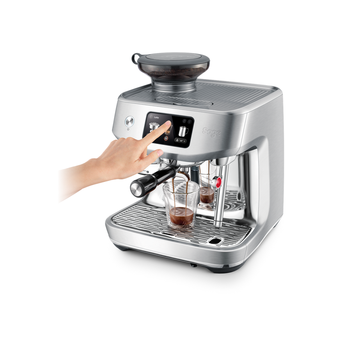 A finger on the Oracle Jet touch screen with an espresso pouring below, official Sage photography
