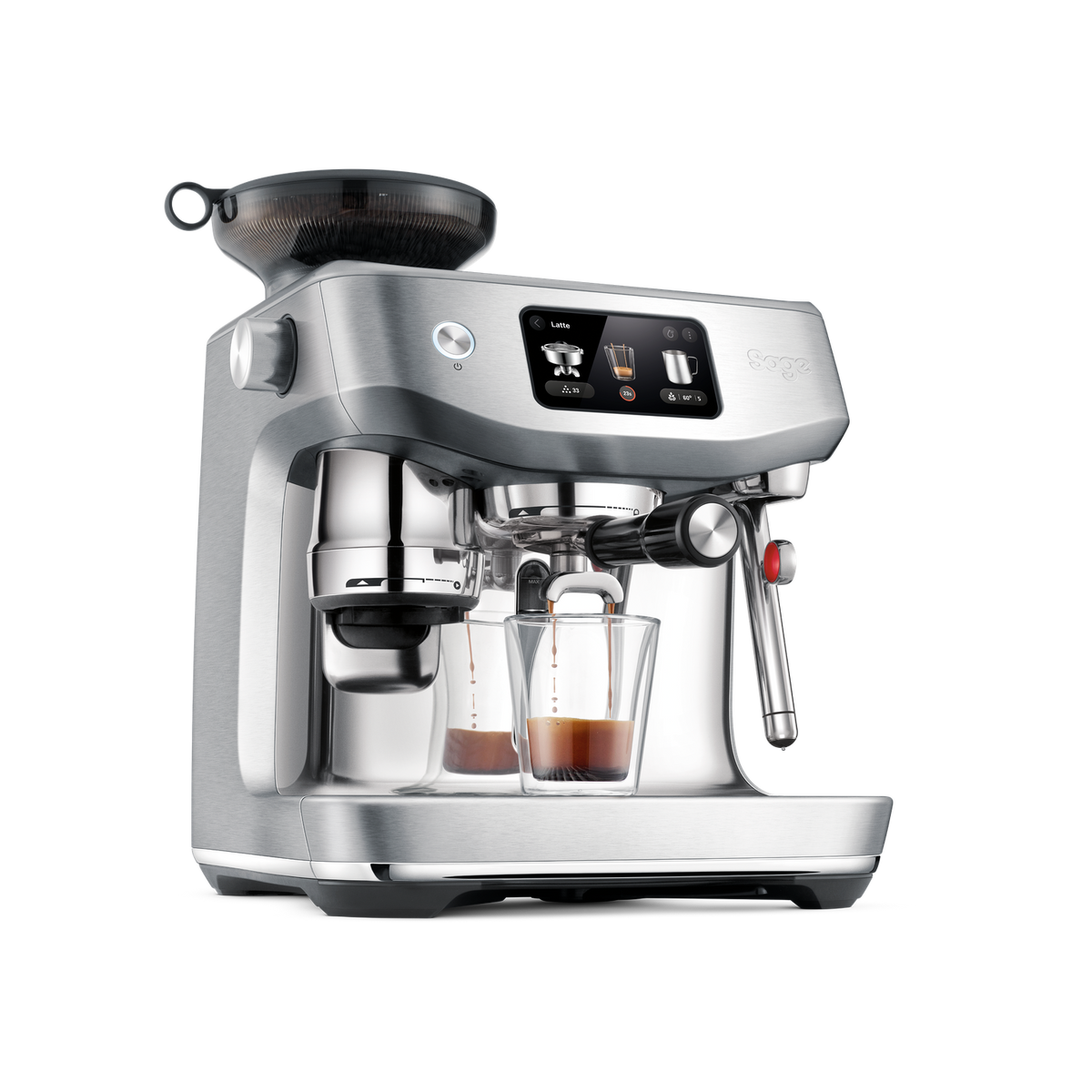 Sage the Oracle Jet in brushed stainless steel pulling two espressos at once, official Sage photography