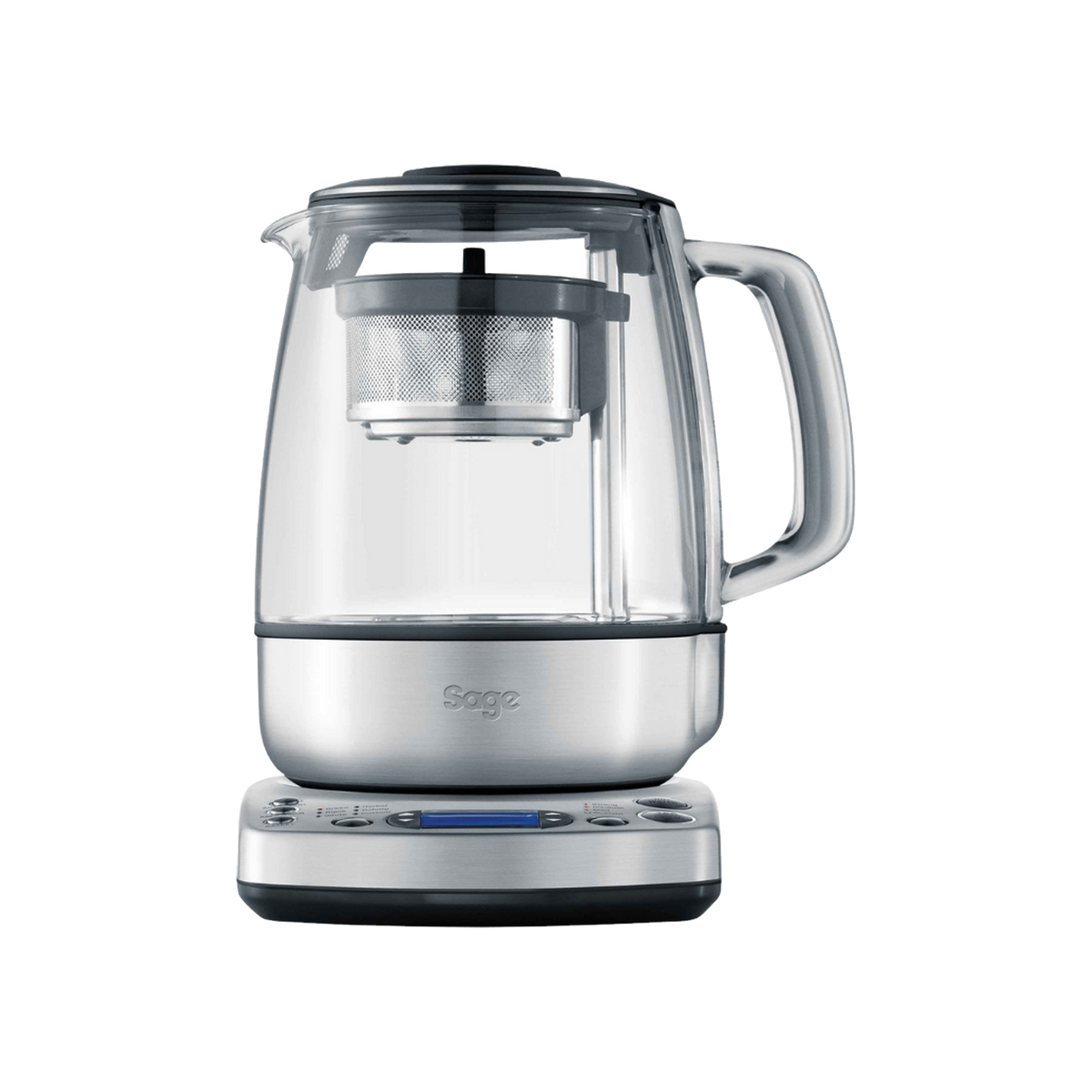 Sage the Tea Maker glass jug with the tea basket lowered into the water, official product view