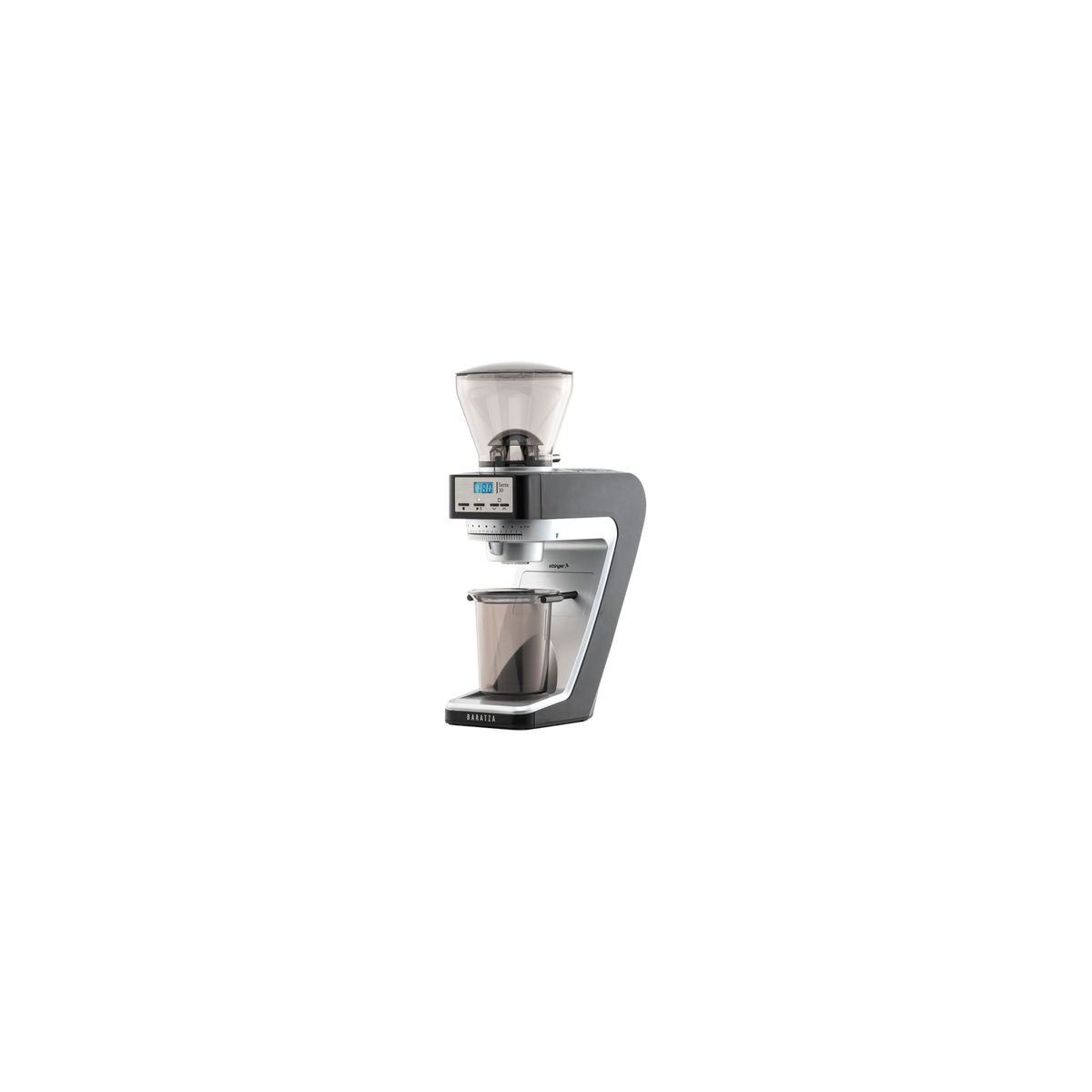 Baratza Sette 30 in black, front view with the convertible device arms and grounds bin, official photography