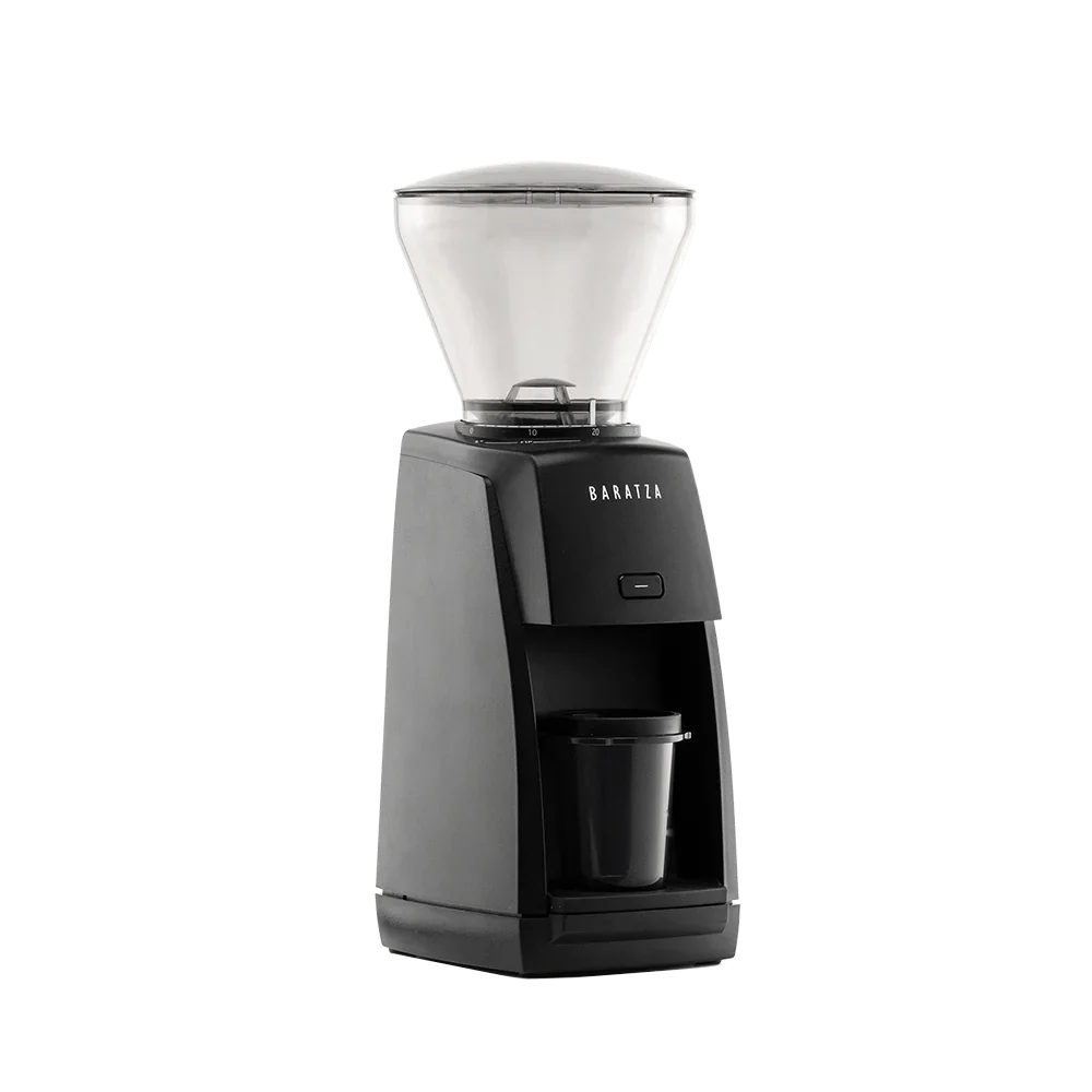 Baratza Encore ESP in black, front view showing the pulse button, on/off knob and dosing cup, official photography