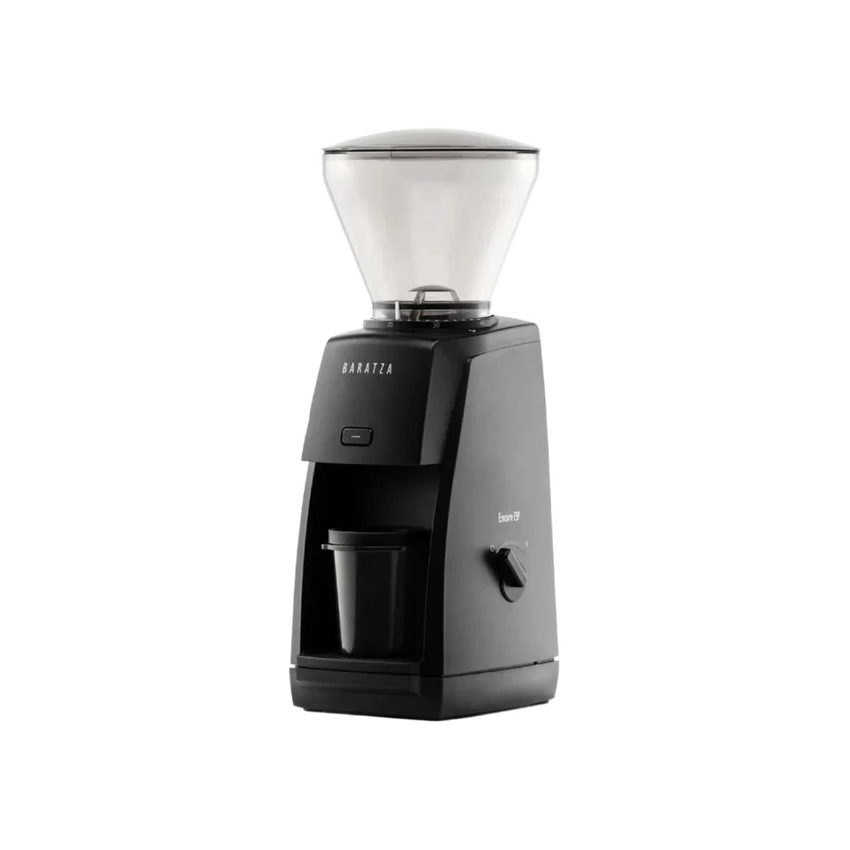 Baratza Encore ESP in black, three-quarter view with the dosing cup fitted, official photography