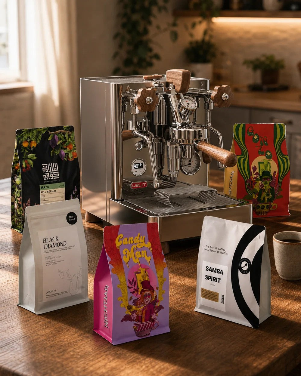 Lelit Bianca V3 in stainless steel on a kitchen counter, with bags of beans from Emirati Coffee, NightJar, Archers and QC Roastery