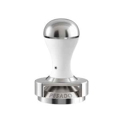 Pesado Tamper w/ Depth Adjuster 58.5mm — White & Silver; consistent elevated view, square transparent image