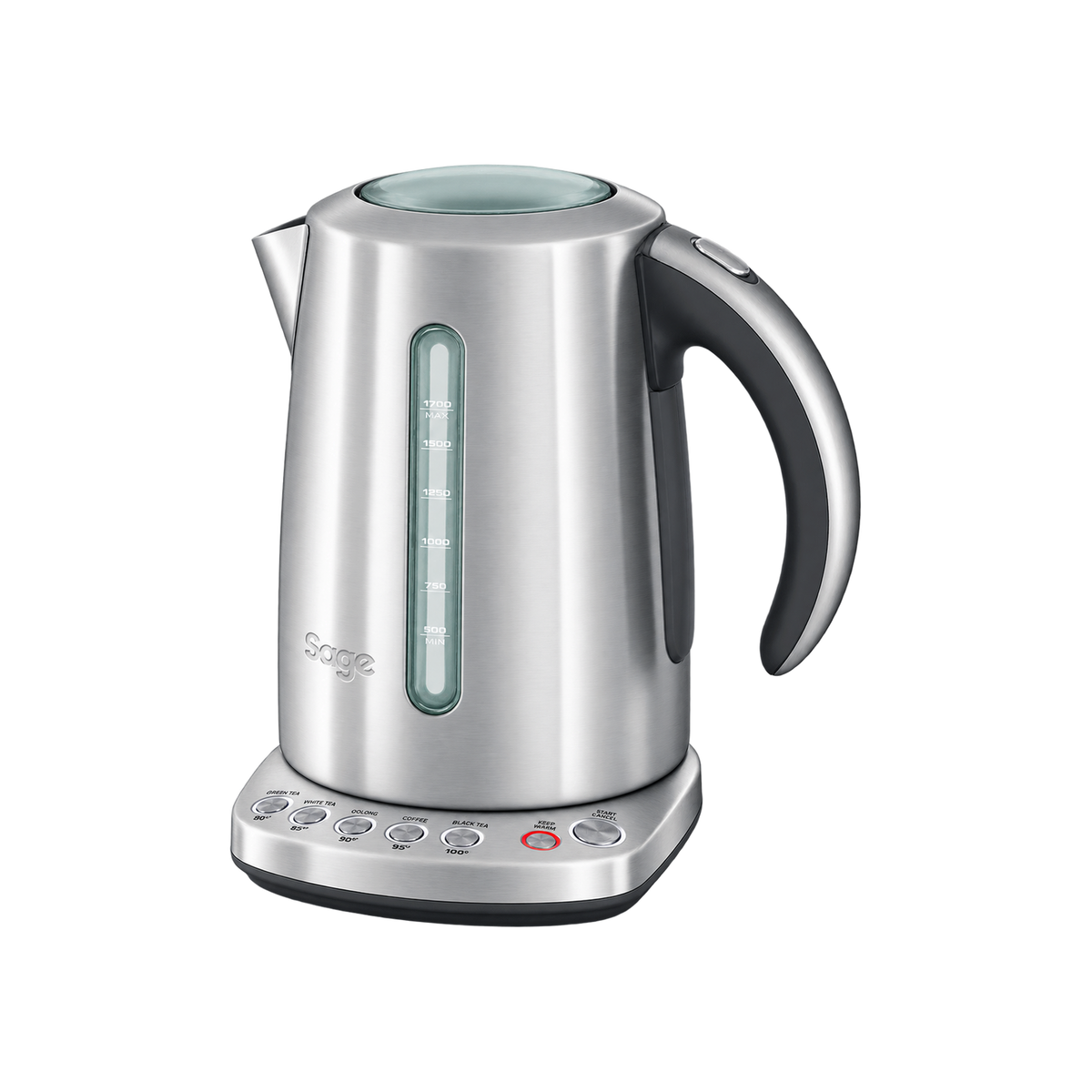 Sage (Breville) the Smart Kettle™ — Brushed Stainless Steel; consistent elevated view, square transparent image