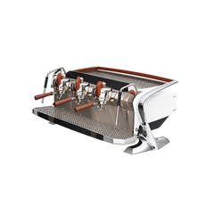 Slayer Steam LP Espresso Machine — Glossy White / 3 Group; consistent elevated view, square transparent image