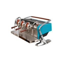 Slayer Steam LP Espresso Machine — Turquoise Blue / 3 Group; consistent elevated view, square transparent image