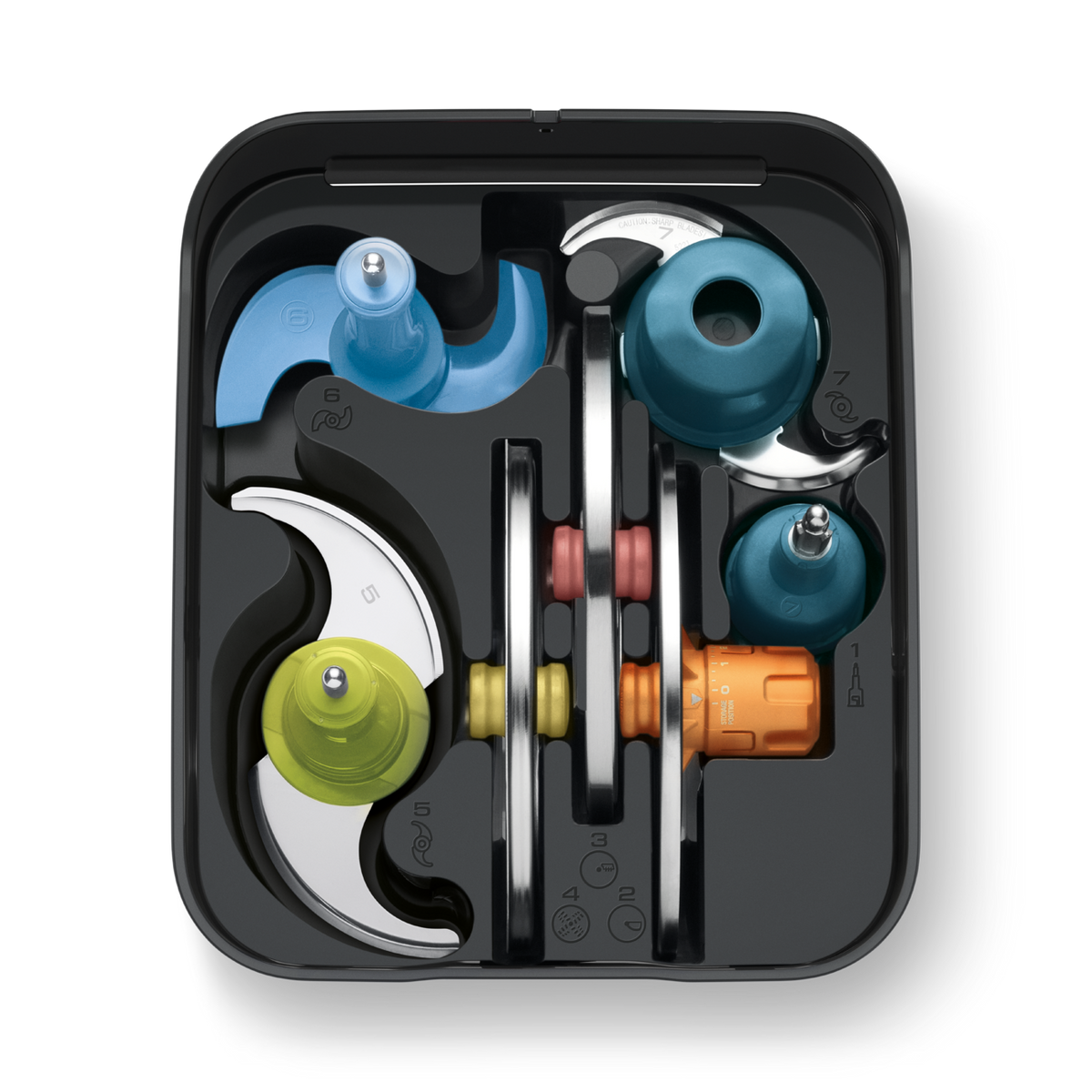 The Paradice 16 dicing kit case open, showing the dicing discs, grids, gearbox and peeler, official view