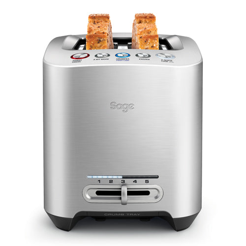 Sage the Smart Toast 2-Slice with two slices of toast raised in the extra-wide slots, official front view