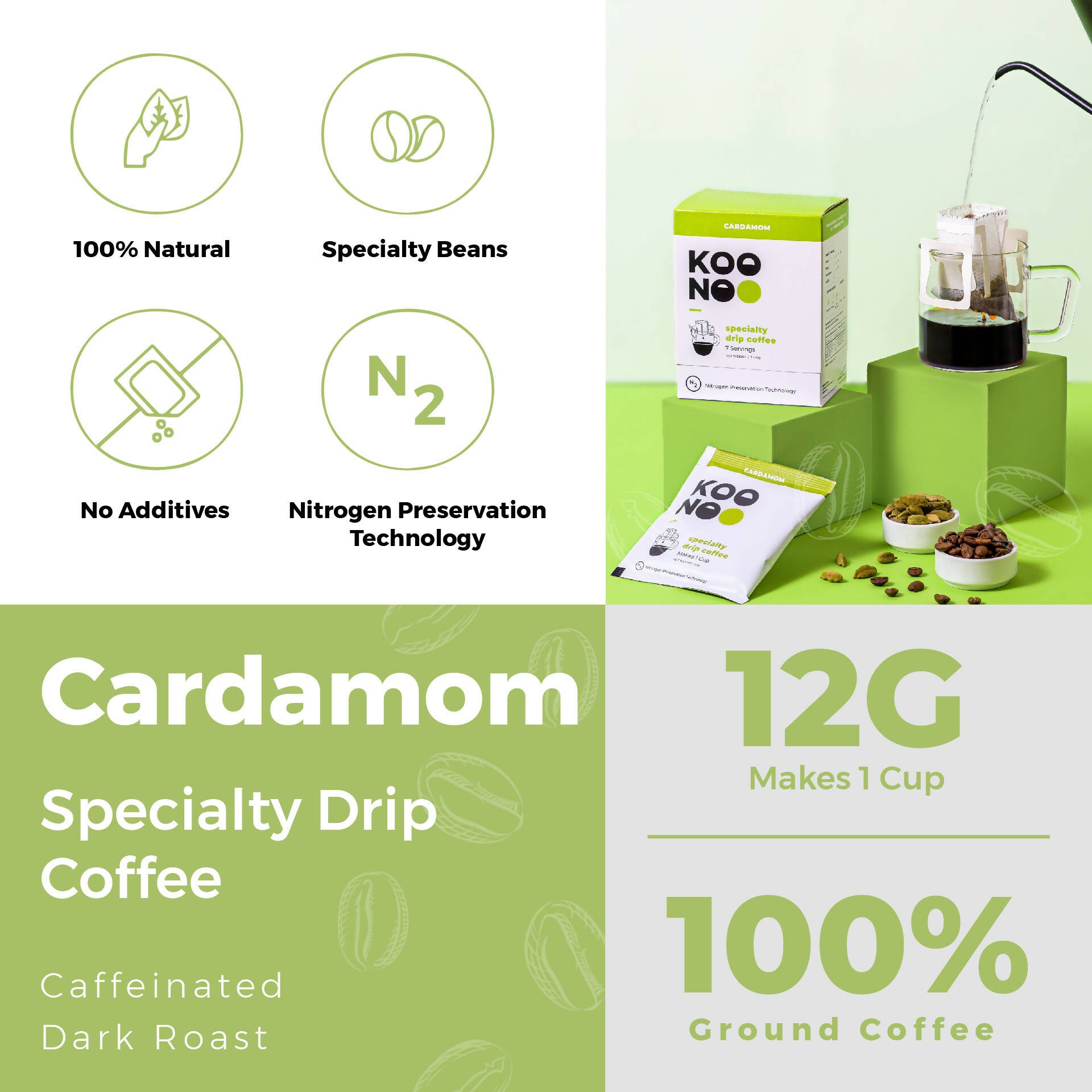 KOONOO Cardamom | Dark Roast | 7 x 12g Sachets | Specialty Drip Coffee | Made in UAE - BeanBurds Koonoo