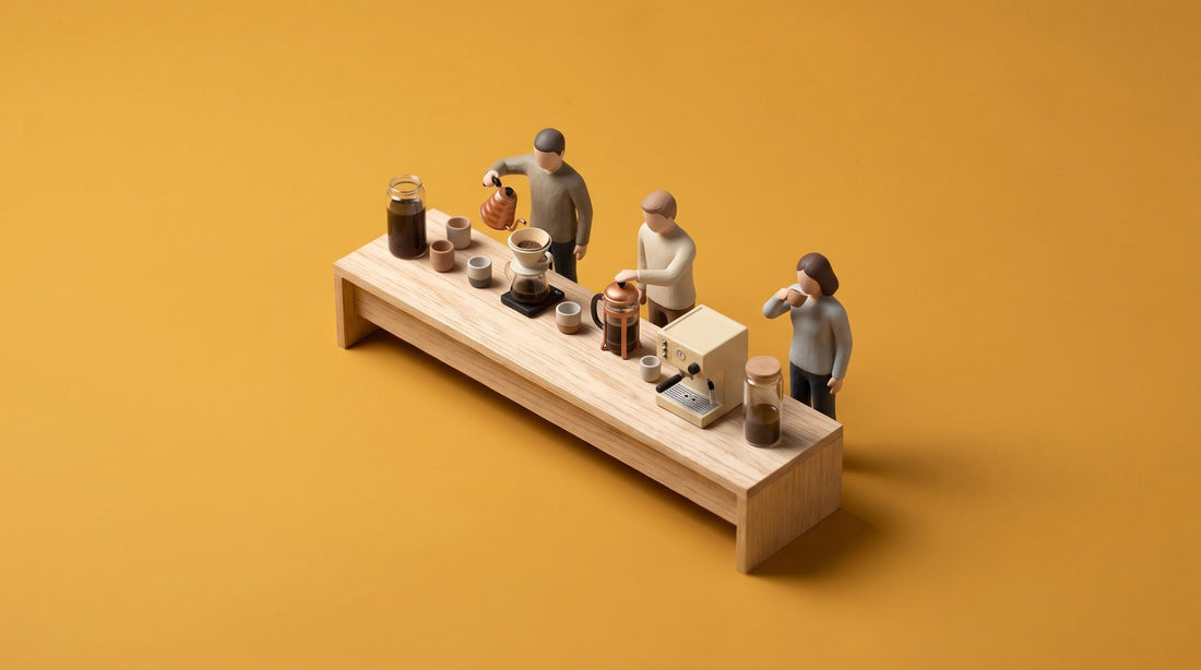 Miniature diorama of people brewing specialty coffee with a pour-over dripper, French press, espresso machine and cold brew jar