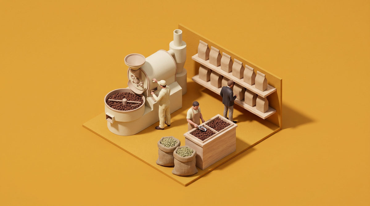 Miniature diorama of a local coffee roastery with a drum roaster, sacks of green beans and a shelf of coffee bags, illustrating the best coffee beans in the UAE