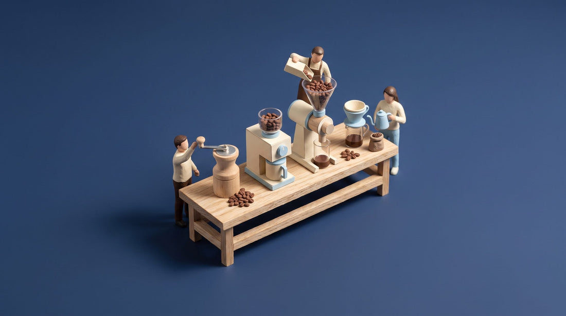 Miniature model of a wooden coffee bench with a hand grinder, a compact electric grinder and a tall flat-burr grinder, with figures grinding beans and brewing pour-over
