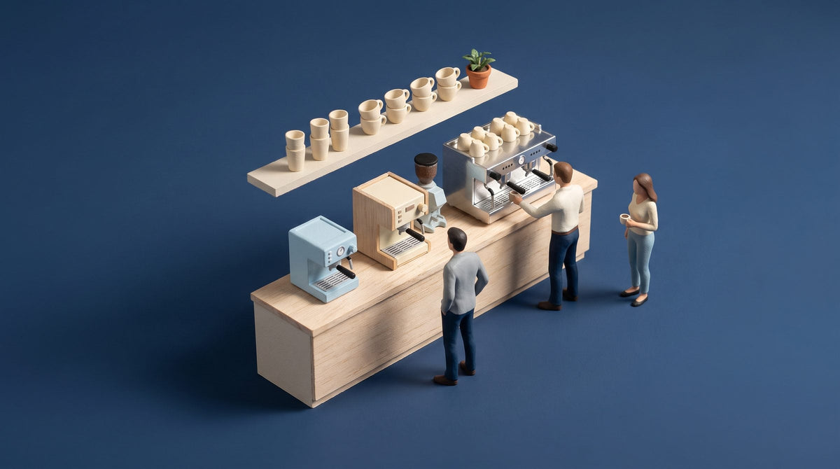Miniature model of a home coffee bar with three espresso machines in rising sizes, from a compact machine to a café-style dual boiler, with tiny figures comparing them