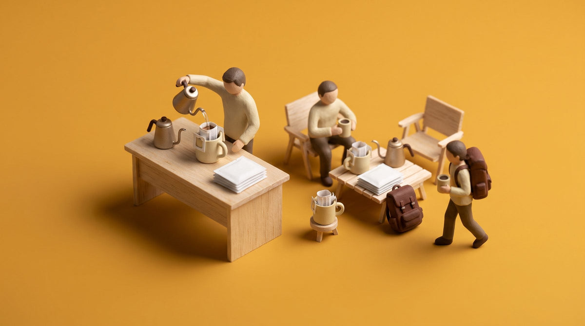 Miniature diorama of people brewing coffee drip bags hung on mugs at a desk and on a camping trip