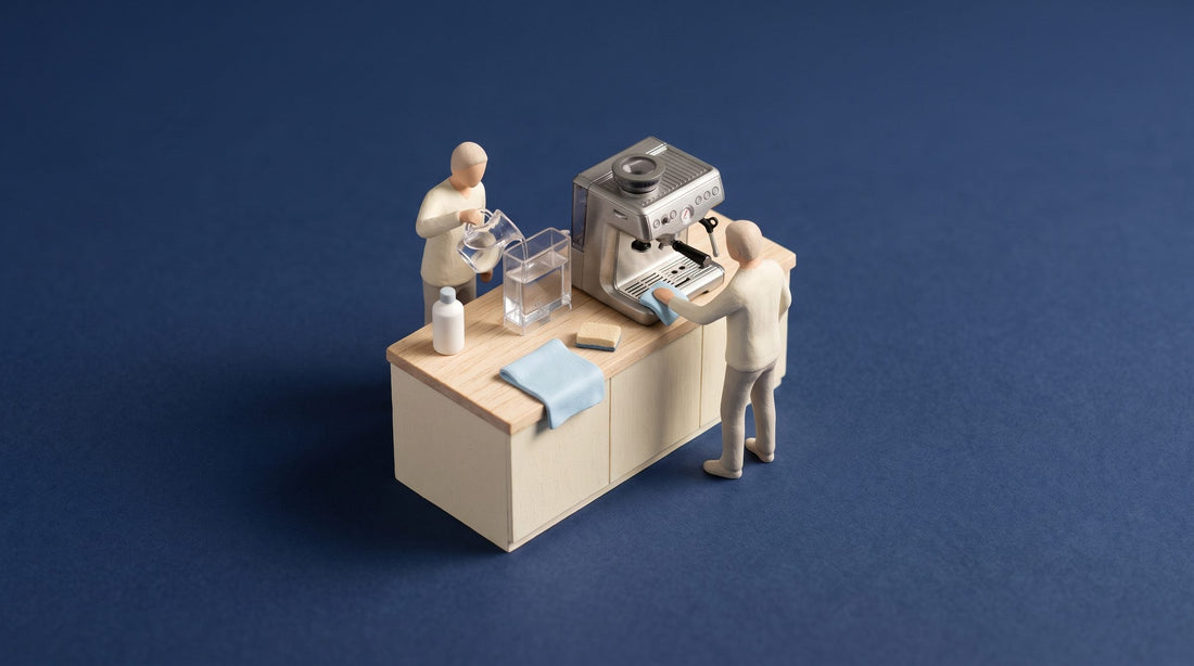 Miniature model of a kitchen counter with an espresso machine and its water tank removed, one figure refilling the tank and one cleaning the drip tray