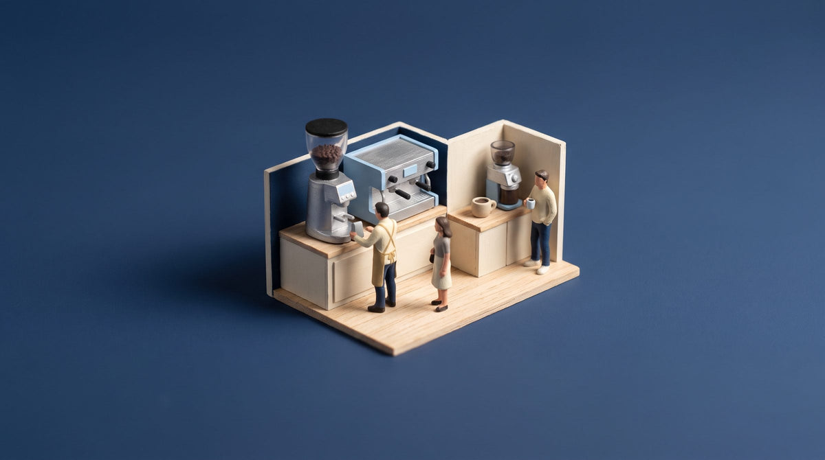 Miniature model split between a cafe bar with a large commercial grinder and a home kitchen corner with a compact grinder, with three figures