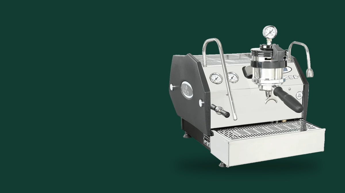 La Marzocco GS3 MP espresso machine, showing the paddle on the group head and the periscope brew pressure gauge above it