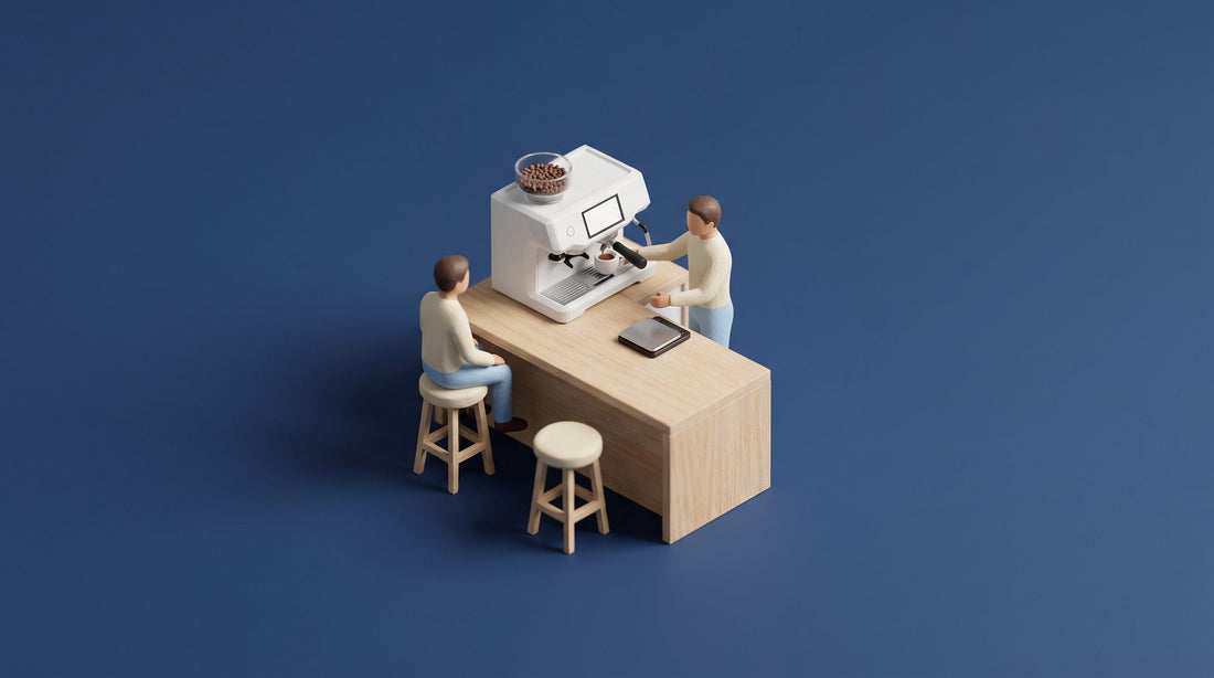 Miniature model of a white all-in-one espresso machine with a built-in grinder on a wooden breakfast bar, one figure pulling a shot and another watching from a stool
