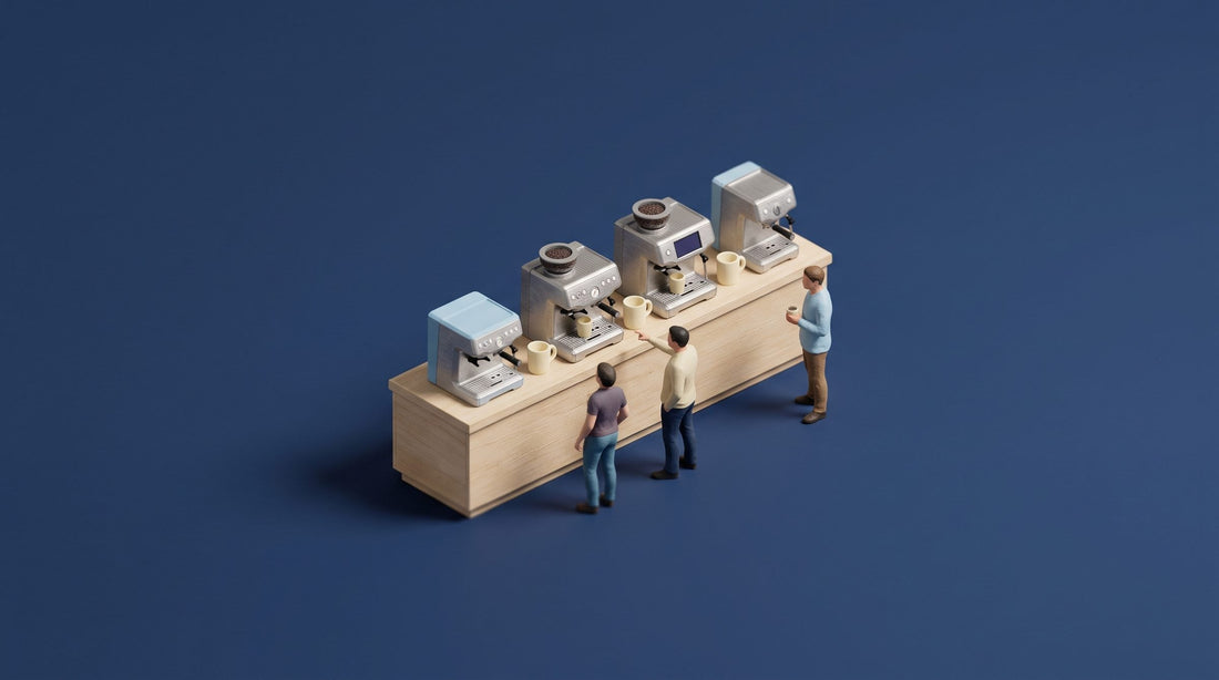 Miniature model of a showroom counter with four home espresso machines of different sizes and three figures browsing them