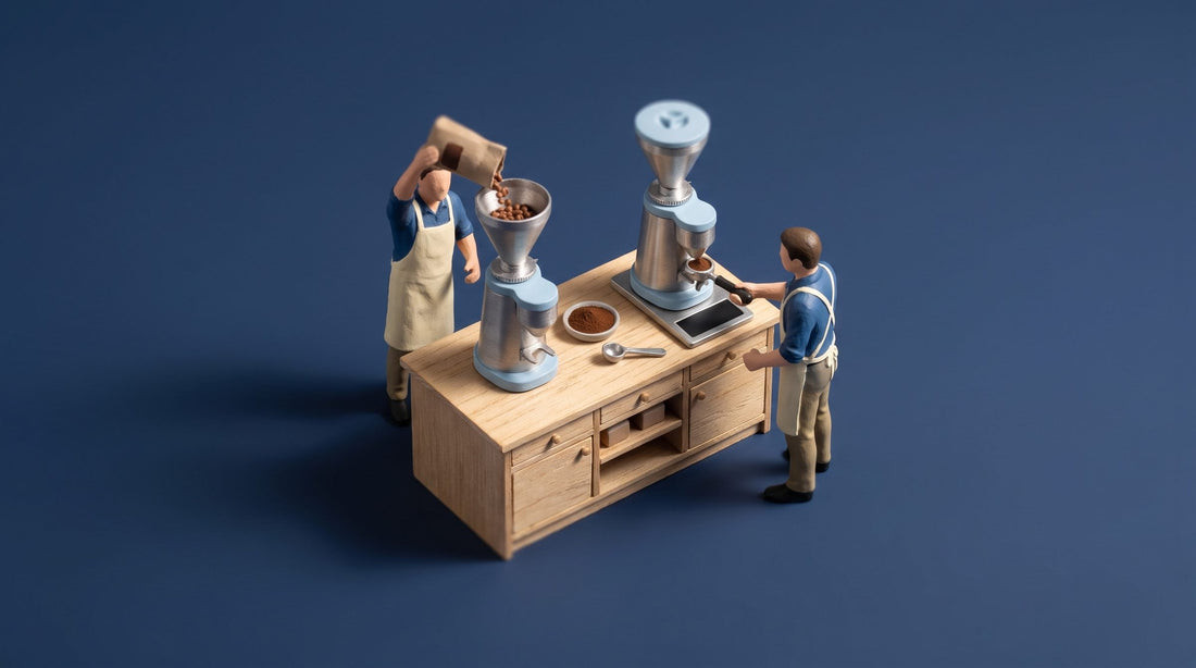 Miniature model of two compact coffee grinders on a wooden counter, one on a built-in weighing base, with two figures filling and dosing