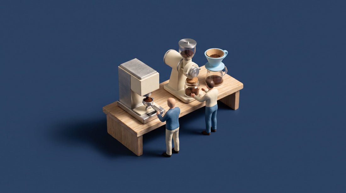 Miniature model of a coffee bench with an espresso grinder on a weighing base and an all-round grinder beside a pour-over dripper, with two figures