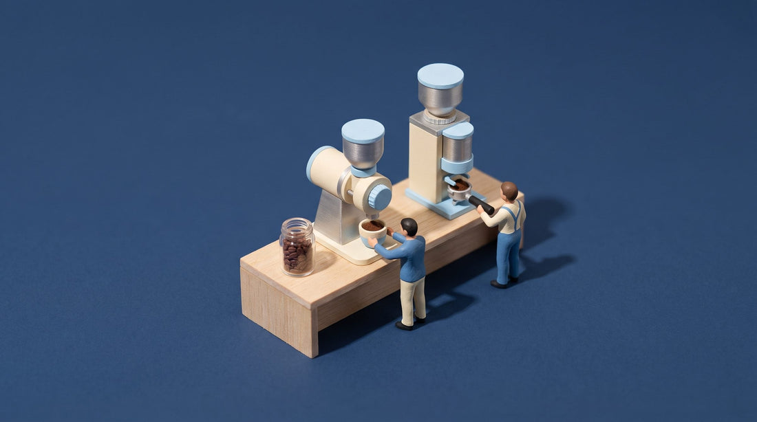 Miniature model of two home coffee grinders side by side on a wooden bench, one grinding into a cup and one into a portafilter, with two figures comparing them