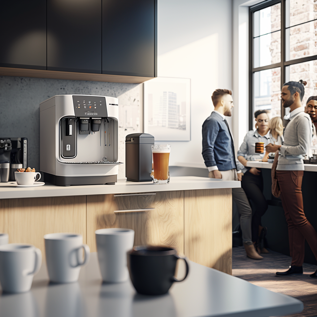 Coworkers enjoying freshly brewed coffee in a bright, modern office break room with a sleek coffee machine on the countertopstering a positive and productive work environment.