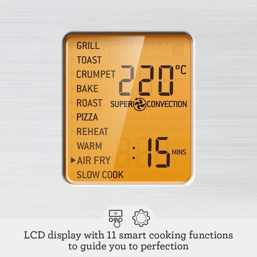 Sage the Smart Oven Air Fryer LCD showing Air Fry at 220 C with Super Convection and a 15-minute timer, official detail