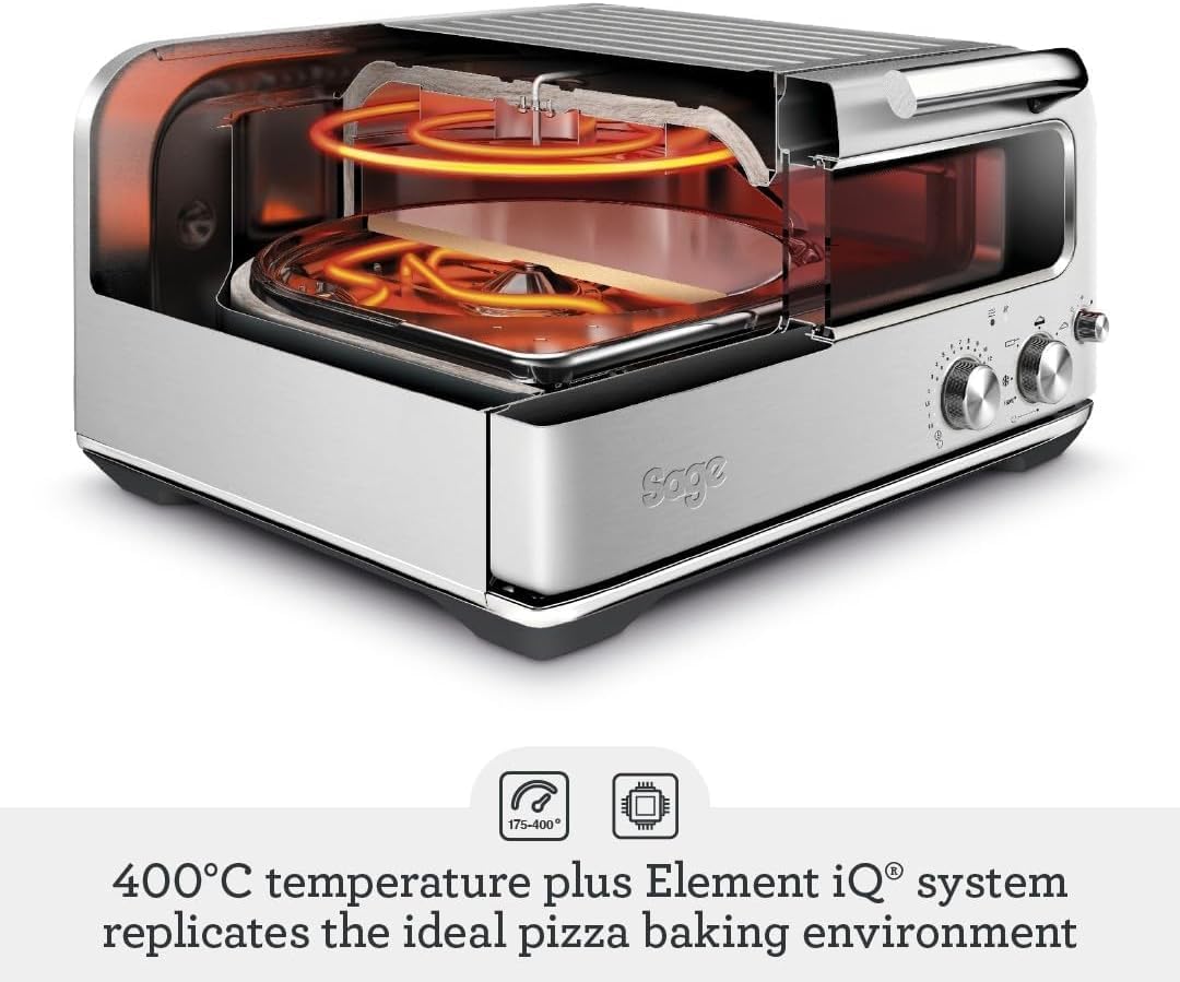 Cutaway of Sage the Smart Oven Pizzaiolo showing the heating elements above the stone deck at 400 C, official illustration